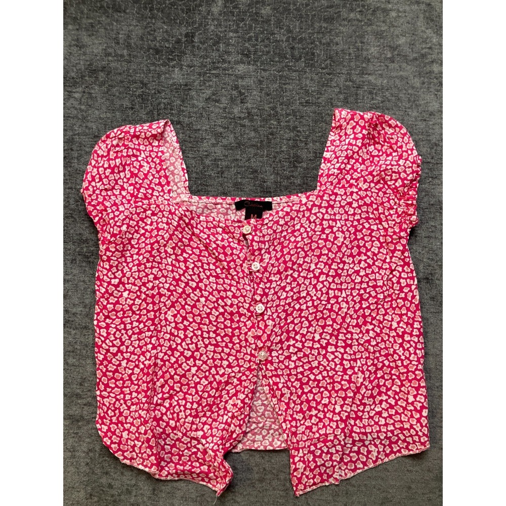 Cristina Cropped Top Womens Medium Pink White Floral Puff Sleeve Button Front